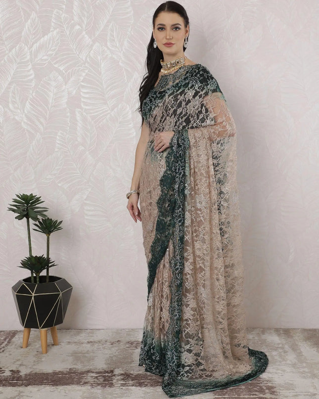 Gold, bottle green Premium Pure French chantilly lace saree having stone work in Ombre design-D16394 Regal Fabrics