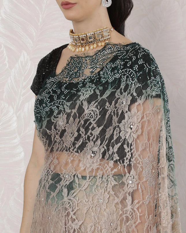 Gold, bottle green Premium Pure French chantilly lace saree having stone work in Ombre design-D16394 Regal Fabrics