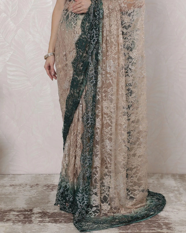 Gold, bottle green Premium Pure French chantilly lace saree having stone work in Ombre design-D16394 Regal Fabrics