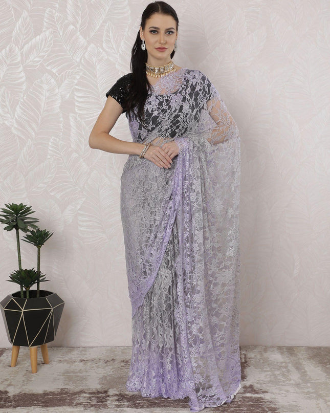 رمادي سحابي، أرجواني فاتح ساري دانتيل شانتيلي فرنسي نقي فاخر مع عمل حجري بتصميم أومبري-D16396