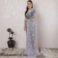 Cloud grey, Light lilac Premium Pure French chantilly lace saree having stone work in Ombre design-D16396