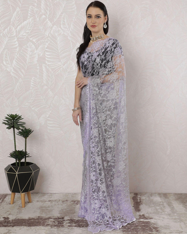 رمادي سحابي، أرجواني فاتح ساري دانتيل شانتيلي فرنسي نقي فاخر مع عمل حجري بتصميم أومبري-D16396