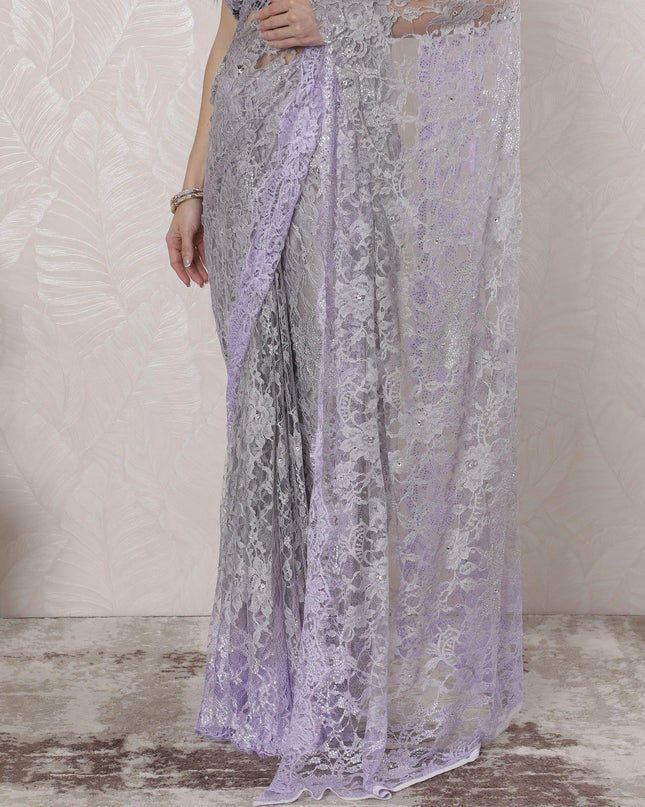 رمادي سحابي، أرجواني فاتح ساري دانتيل شانتيلي فرنسي نقي فاخر مع عمل حجري بتصميم أومبري-D16396