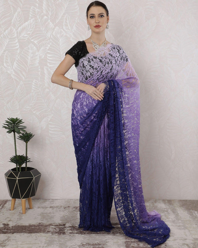 Light Lilac to royal blue Premium pure French chantilly lace saree in Ombre design-D16400
