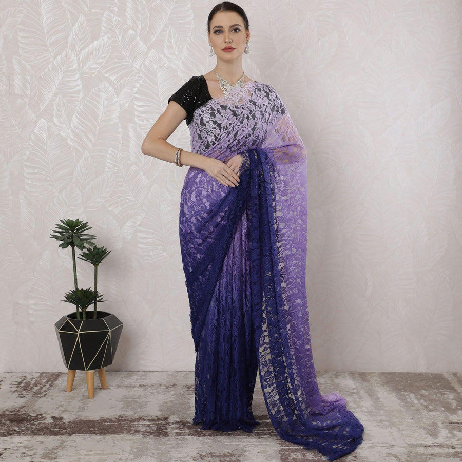 Light Lilac to royal blue Premium pure French chantilly lace saree in Ombre design-D16400