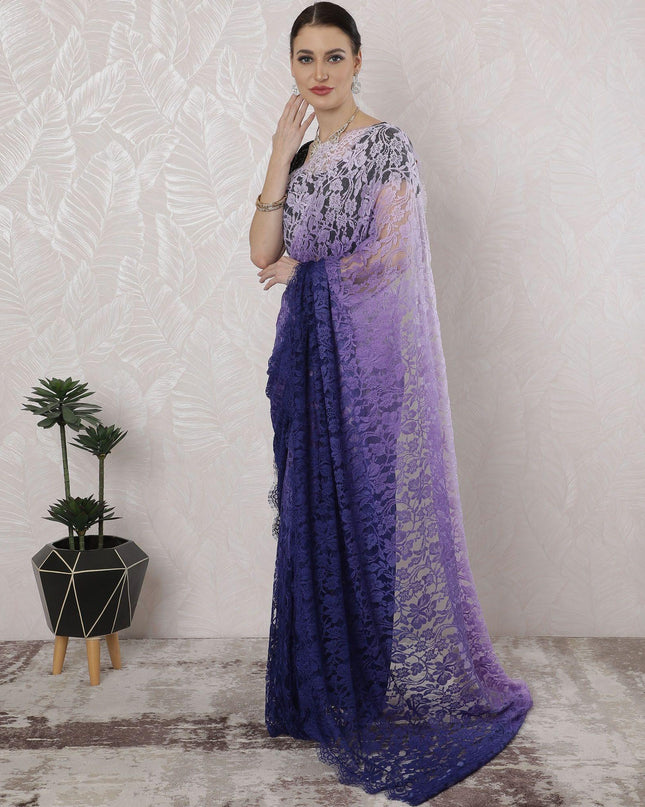 Light Lilac to royal blue Premium pure French chantilly lace saree in Ombre design-D16400