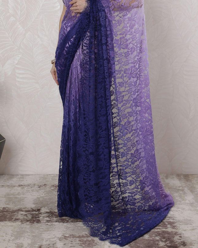Light Lilac to royal blue Premium pure French chantilly lace saree in Ombre design-D16400