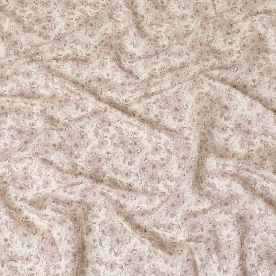 نسيج قطن صناعي مخلوط كريمي مع طباعة بنية شاحبة بتصميم زهور -D16403