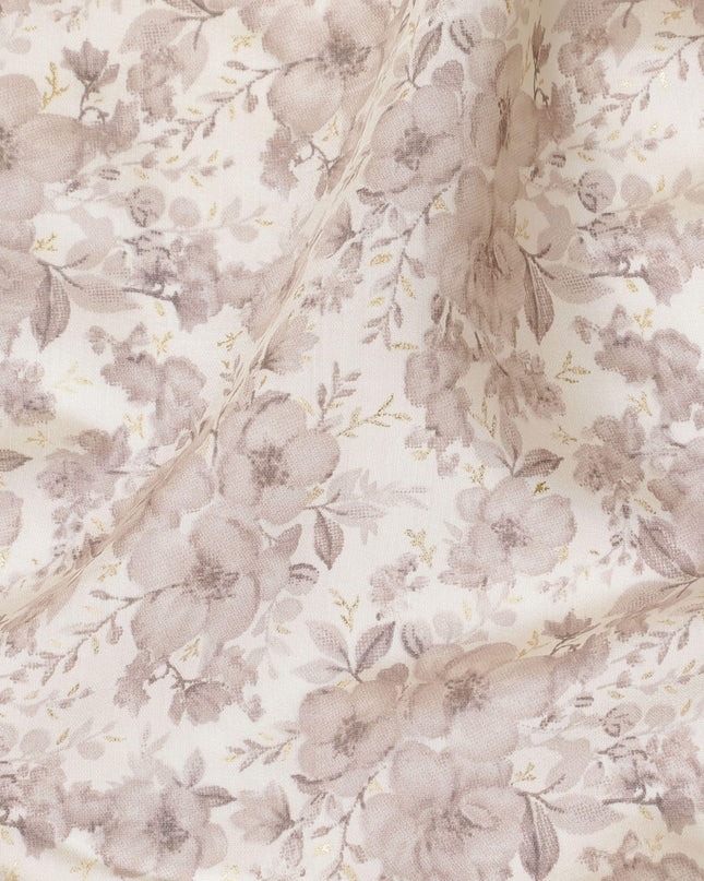 Cream synthetic blended cotton fabric with pale brown print in floral design-D16403