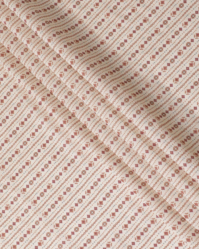 Cream synthetic blended cotton fabric with brown and brick red print in floral design-D16405