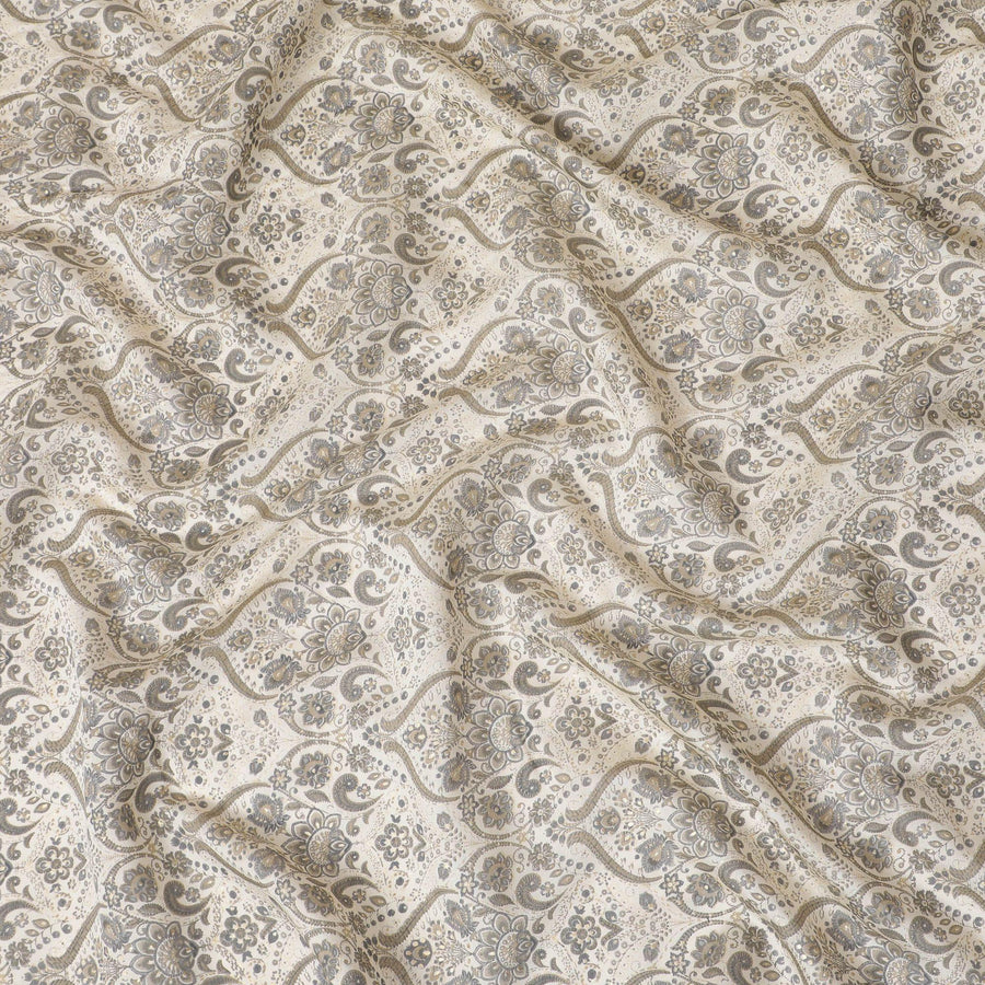 Cream synthetic blended cotton fabric with olive green print in floral design-D16406