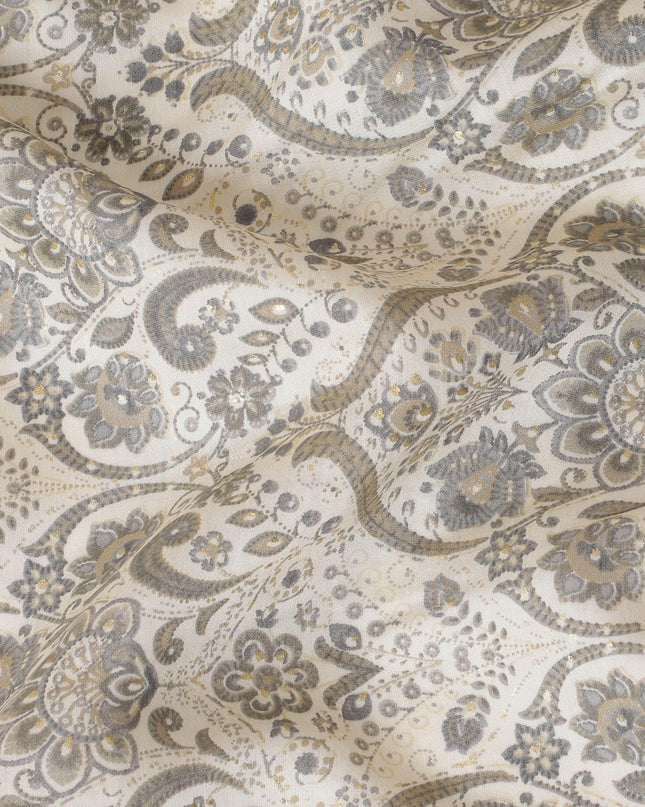 Cream synthetic blended cotton fabric with olive green print in floral design-D16406