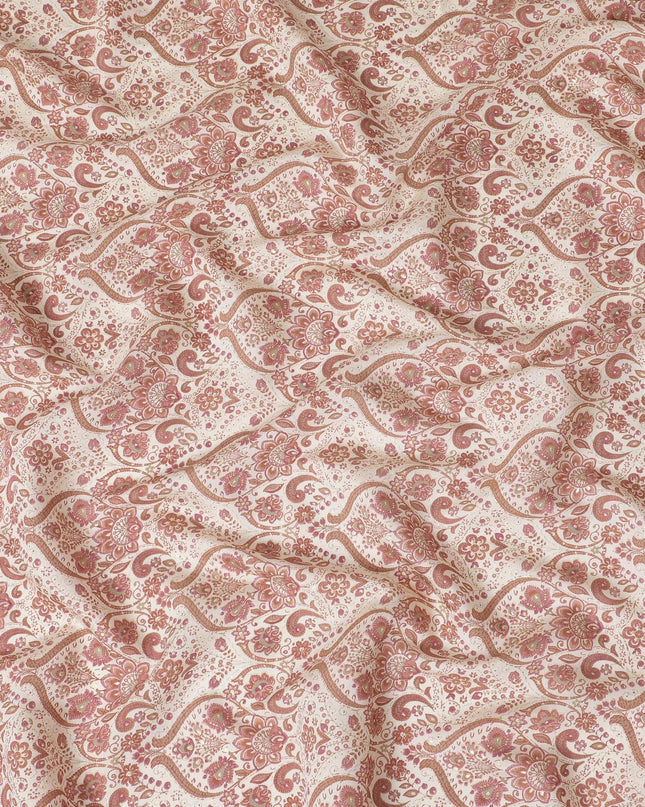 Cream synthetic blended cotton fabric with brown and brick red print in floral design-D16407 Regal Fabrics