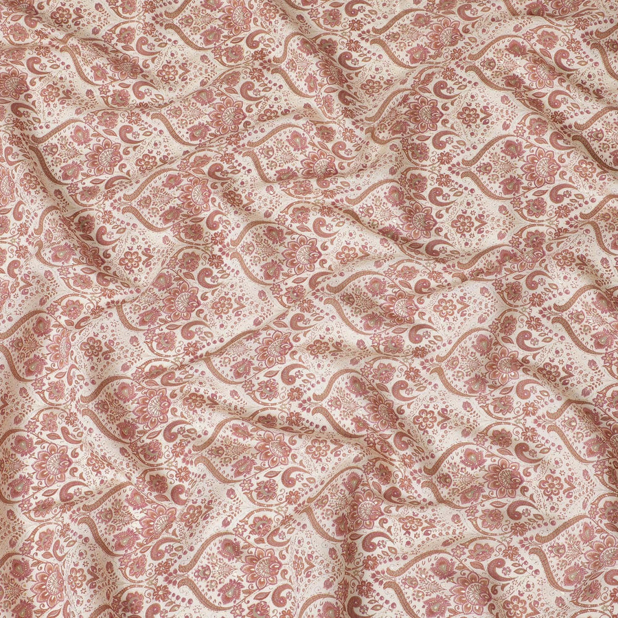 Cream synthetic blended cotton fabric with brown and brick red print in floral design-D16407 Regal Fabrics