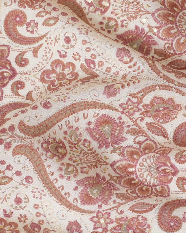 Cream synthetic blended cotton fabric with brown and brick red print in floral design-D16407 Regal Fabrics