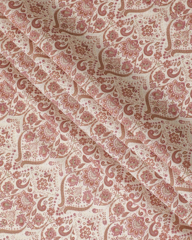 Cream synthetic blended cotton fabric with brown and brick red print in floral design-D16407 Regal Fabrics