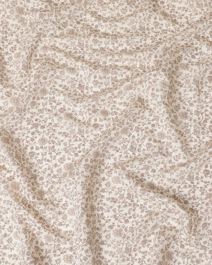 Cream synthetic blended cotton fabric with pale brown print in floral design-D16408