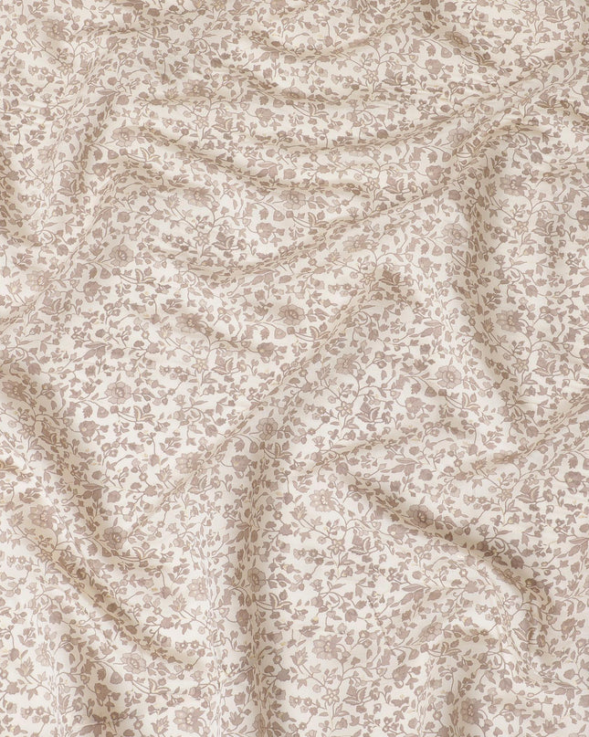 Cream synthetic blended cotton fabric with pale brown print in floral design-D16408