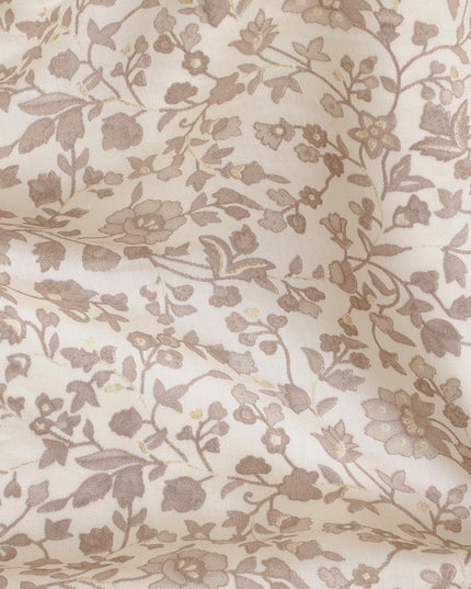 Cream synthetic blended cotton fabric with pale brown print in floral design-D16408