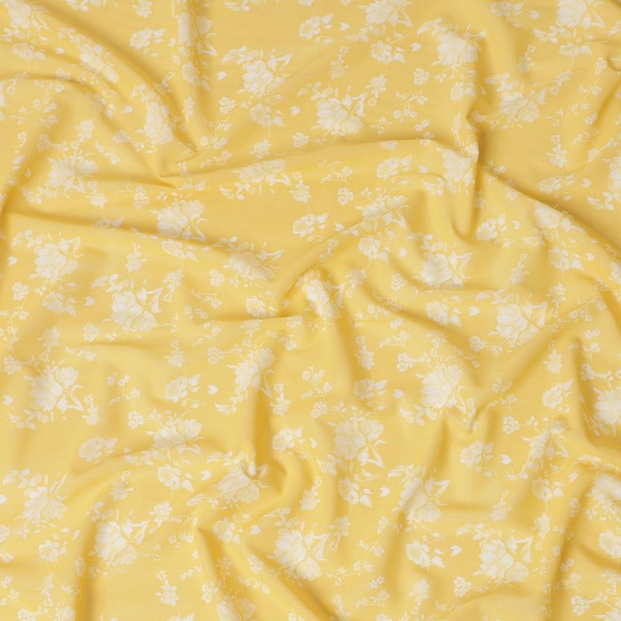 Yellow cotton voile fabric with off white print in floral design-D16412