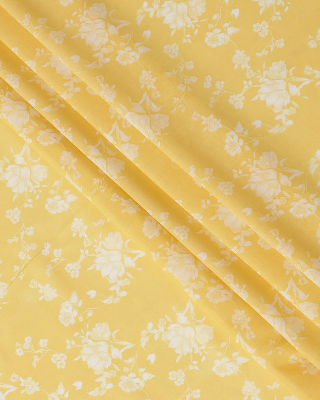 Yellow cotton voile fabric with off white print in floral design-D16412 Regal Fabrics
