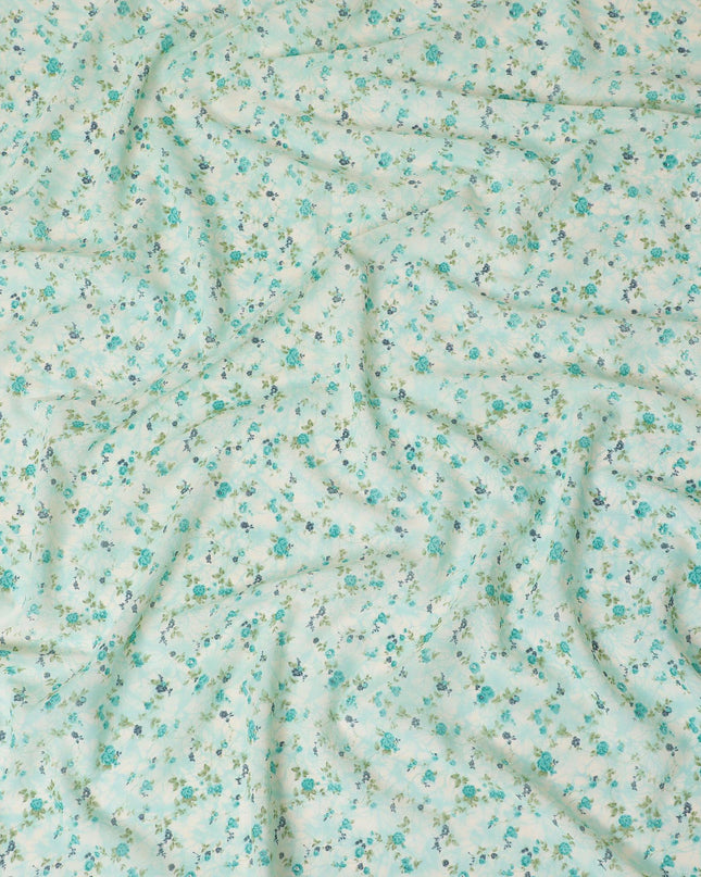 Light sea green cotton voile fabric with cream and turquoise green print in floral design-D16414