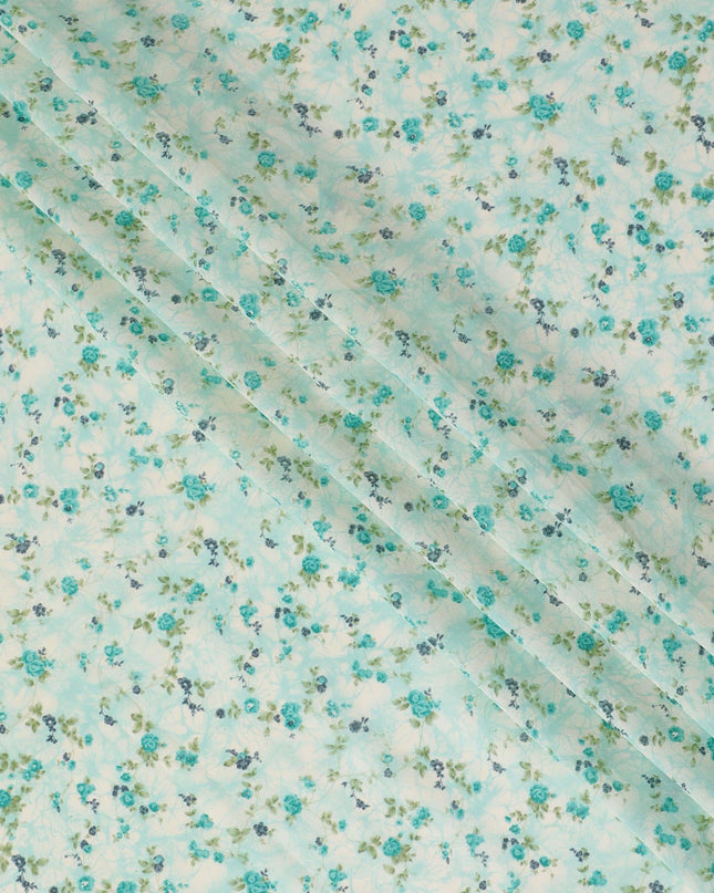 Light sea green cotton voile fabric with cream and turquoise green print in floral design-D16414