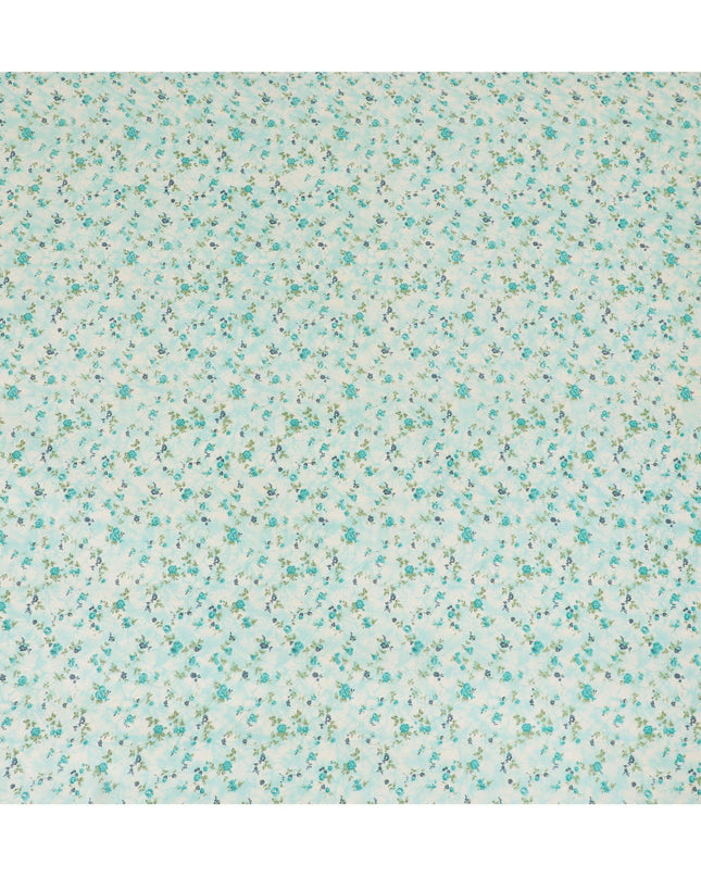 Light sea green cotton voile fabric with cream and turquoise green print in floral design-D16414