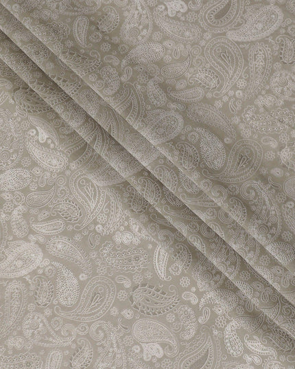 Mink grey cotton voile fabric with off white print in paisley design-D16416