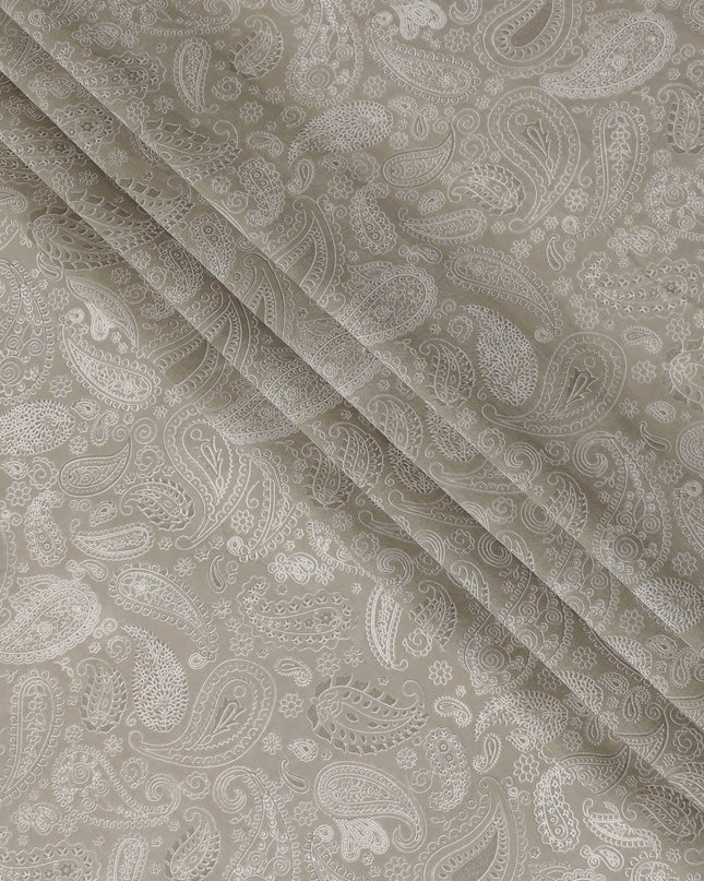 Mink grey cotton voile fabric with off white print in paisley design-D16416 Regal Fabrics