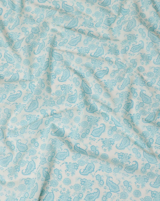 Off white cotton voile fabric with baby blue print in paisley design-D16417 Regal Fabrics