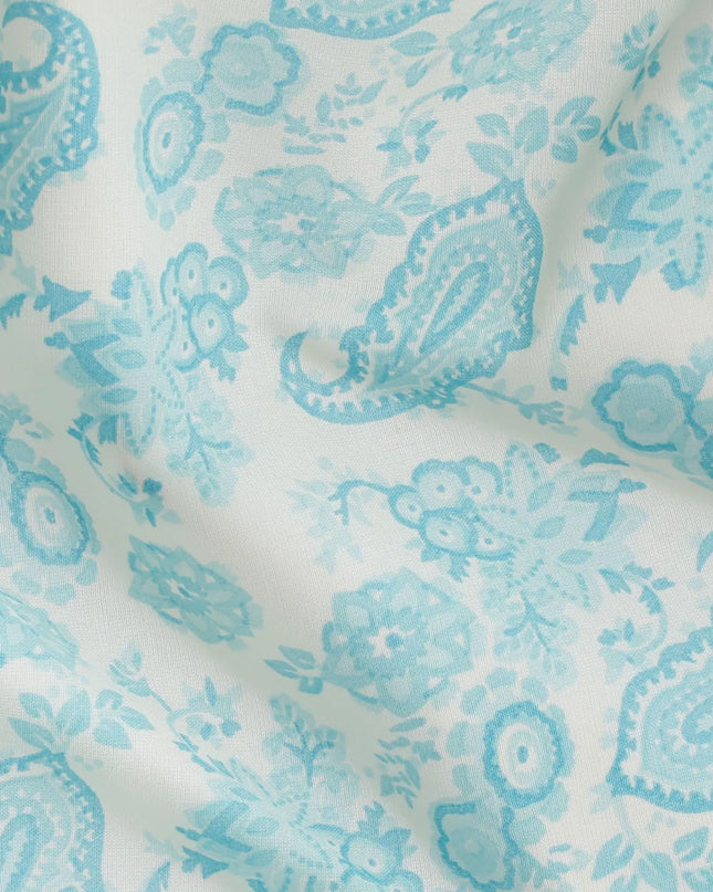 Off white cotton voile fabric with baby blue print in paisley design-D16417 Regal Fabrics