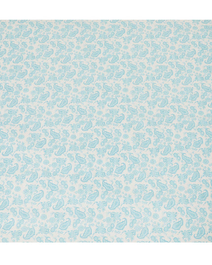 Off white cotton voile fabric with baby blue print in paisley design-D16417
