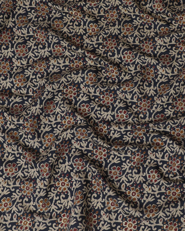 Navy blue synthetic blended cotton fabric with multicolor print in floral design-D16418