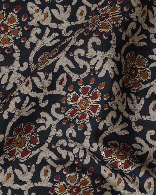 Navy blue synthetic blended cotton fabric with multicolor print in floral design-D16418