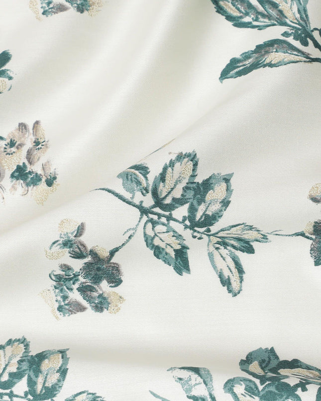 قماش ساتان قطني كريمي مع طباعة زجاجة باللونين الأخضر والذهبي بتصميم الأزهار-D16419