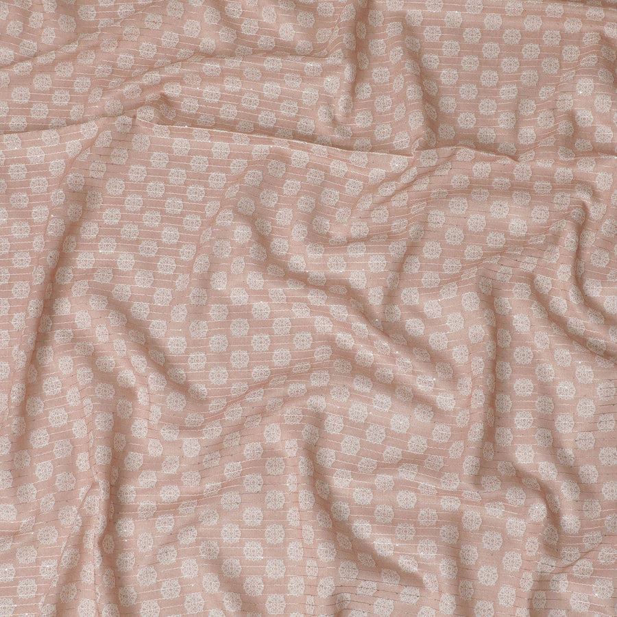 قماش حريري صناعي بلون الخوخ الفاتح مع تطريز بنفس اللون مع طباعة بيضاء وترتر بتصميم مخطط - D16420