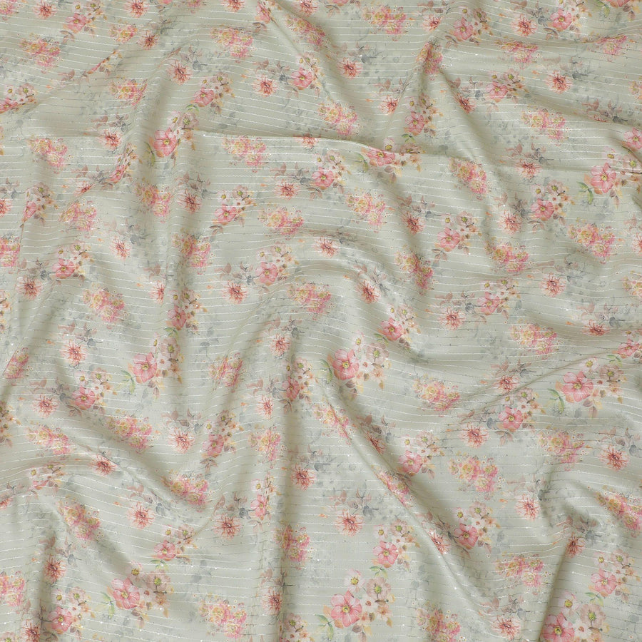 قماش حريري صناعي أخضر الشاي مع تطريز بنفس اللون مع طباعة متعددة الألوان بتصميم مخطط - D16426