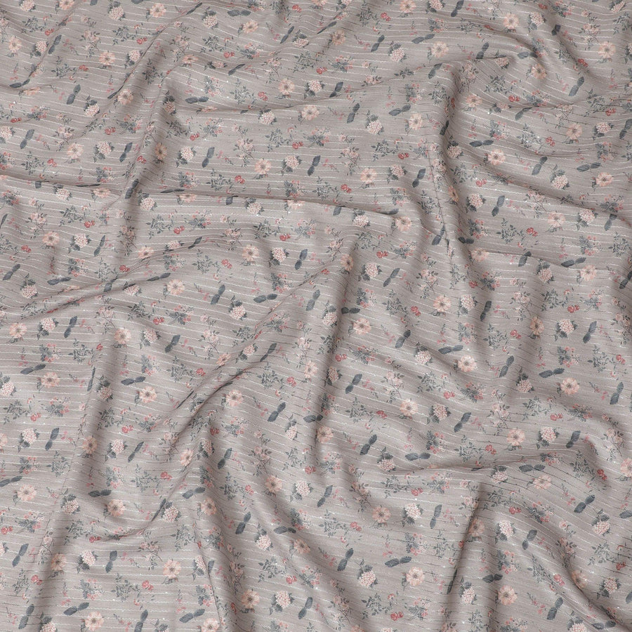 Pale brown synthetic silk fabric with same tone embroidery having multicolor print in stripe design-D16428