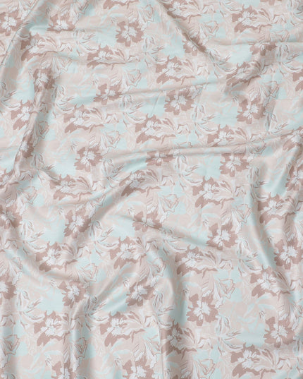 Electric blue cotton satin fabric with pale brown, brown and off white print in floral design-D16769