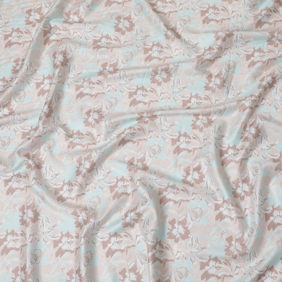 Electric blue cotton satin fabric with pale brown, brown and off white print in floral design-D16769