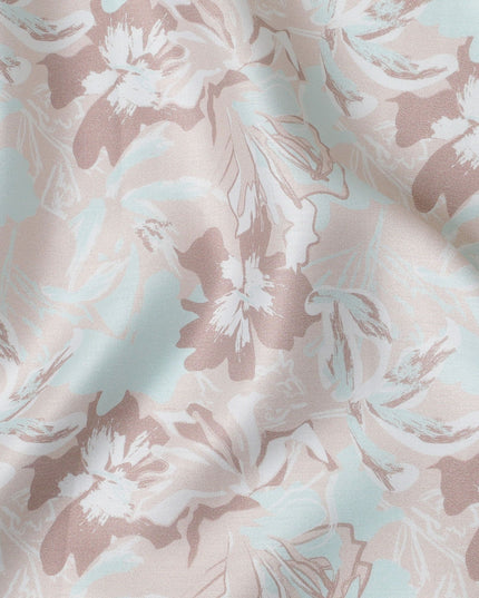 Electric blue cotton satin fabric with pale brown, brown and off white print in floral design-D16769