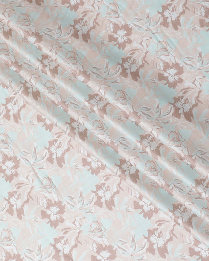 Electric blue cotton satin fabric with pale brown, brown and off white print in floral design-D16769