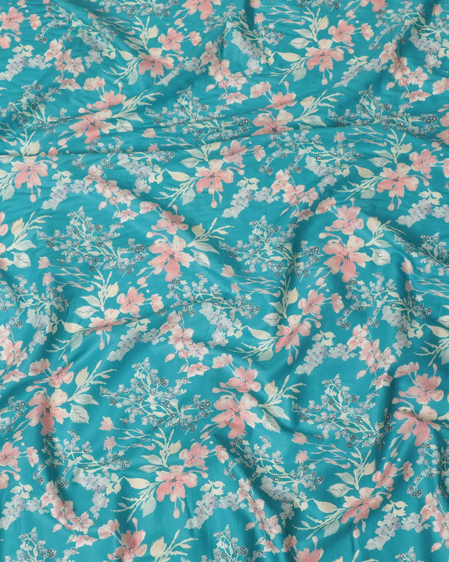 Ocean blue cotton satin fabric with multicolor print in floral design-D16774 Regal Fabrics