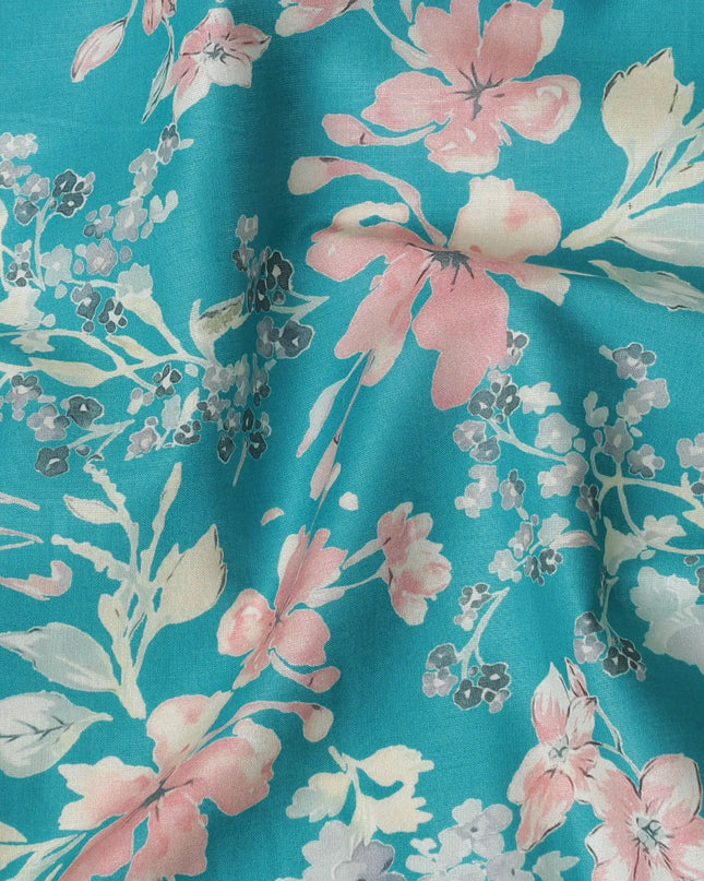 Ocean blue cotton satin fabric with multicolor print in floral design-D16774 Regal Fabrics