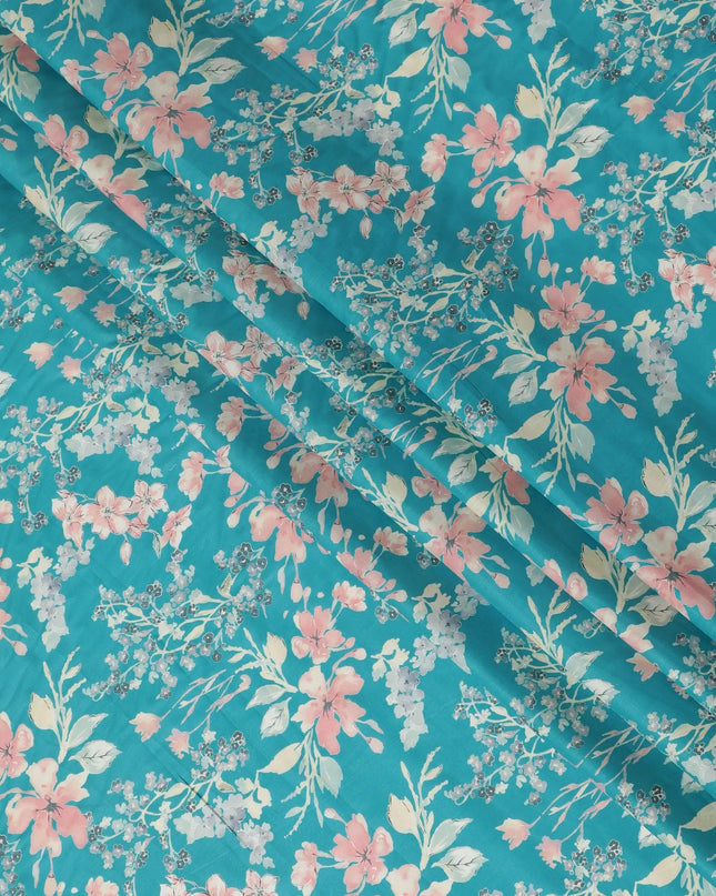 Ocean blue cotton satin fabric with multicolor print in floral design-D16774 Regal Fabrics