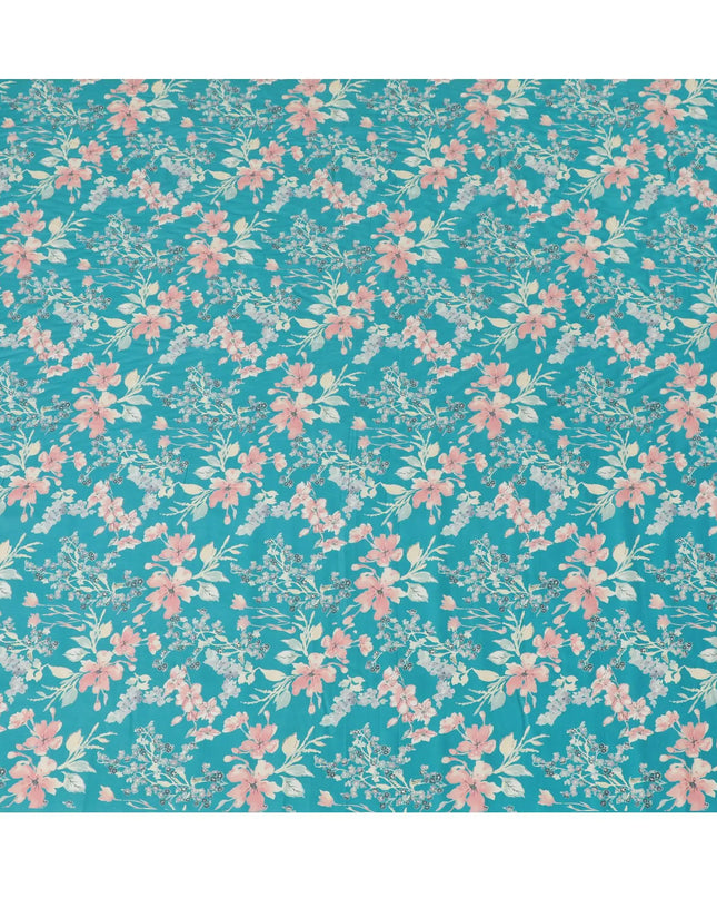 Ocean blue cotton satin fabric with multicolor print in floral design-D16774 Regal Fabrics