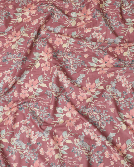 Copper brown cotton satin fabric with multicolor print in floral design-D16777