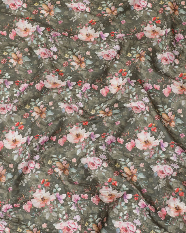 Dark olive cotton satin fabric with multicolor print in floral design-D16778 Regal Fabrics