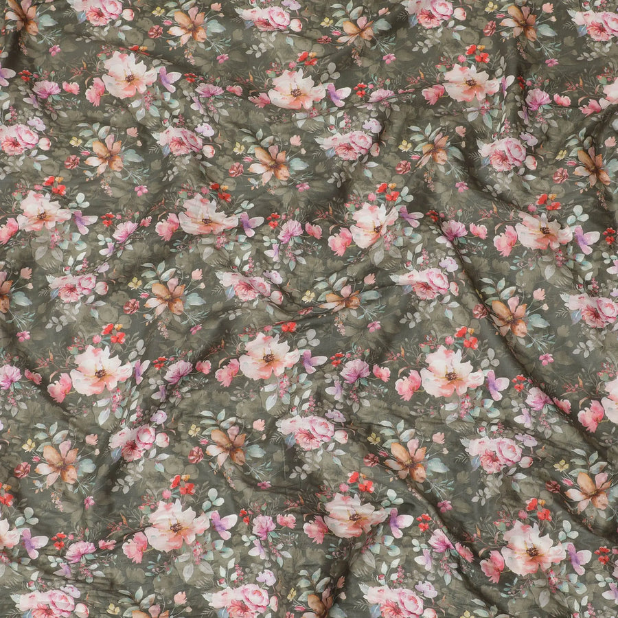 Dark olive cotton satin fabric with multicolor print in floral design-D16778 Regal Fabrics